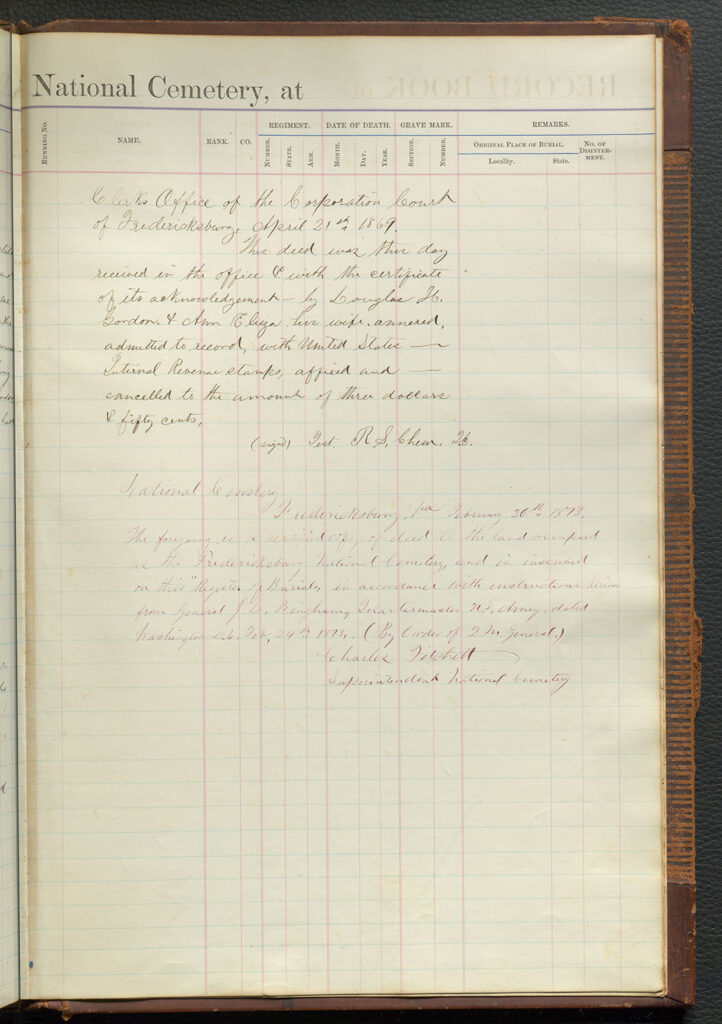 Fredericksburg National Cemetery registry with handwritten desciptions.