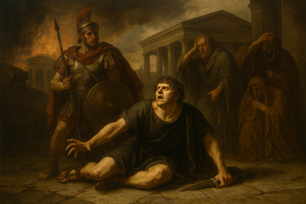 AI generated image of a roman solder standing over Emperor Nero as he tries to get away, citizens watch panicked in the background.